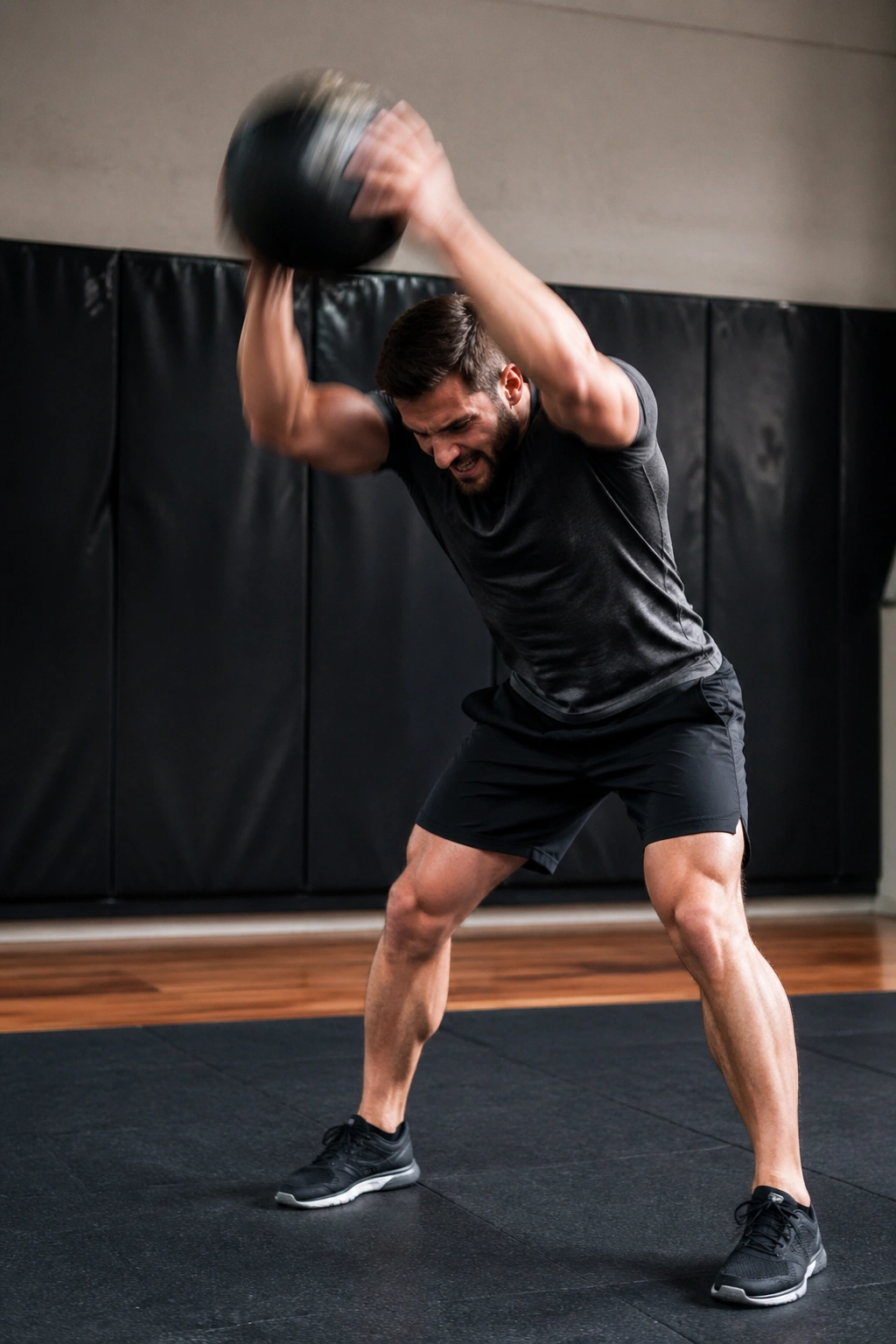 Athlete performing medicine ball slam in gym, overhead throw with ball in motion