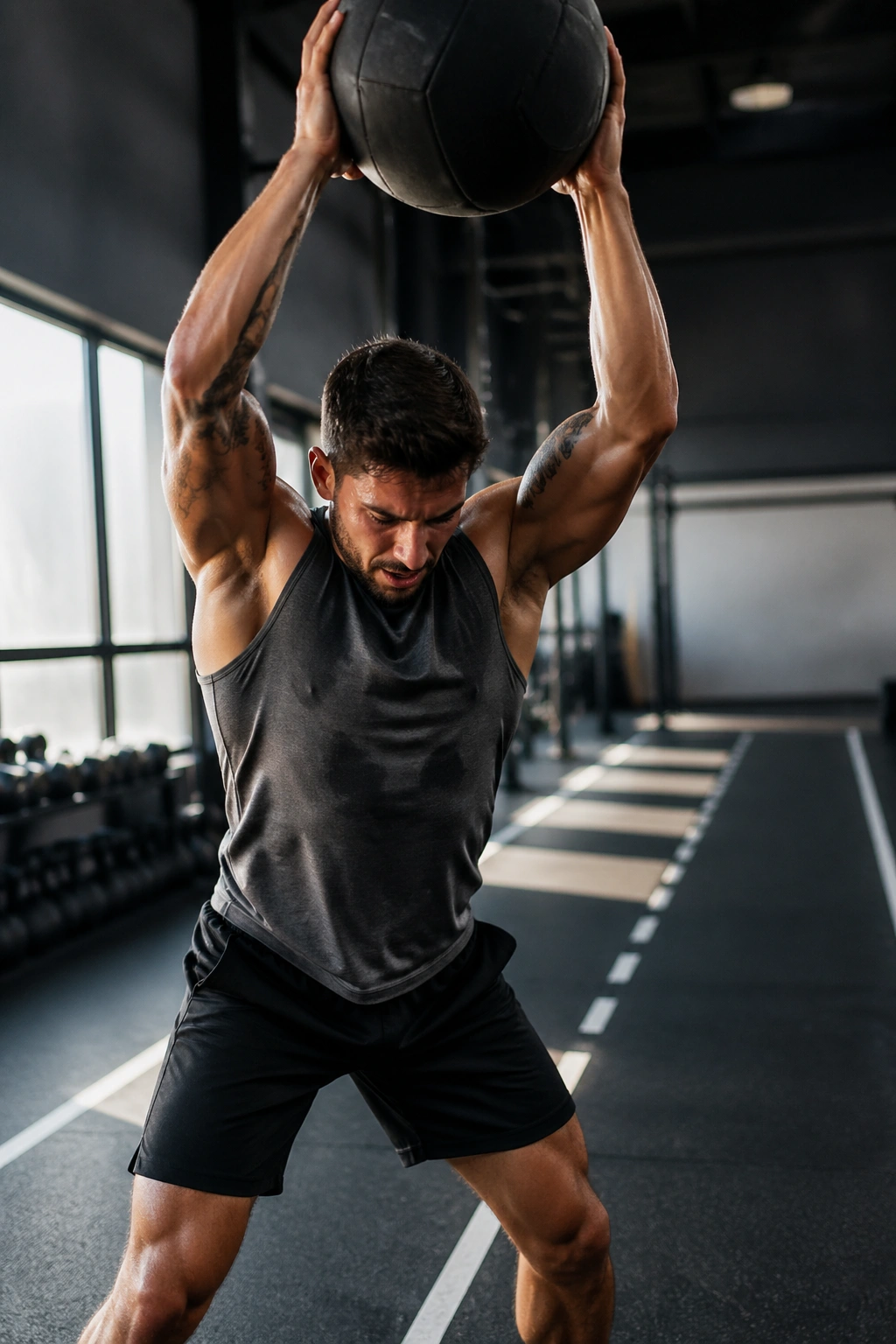 Athlete performing a medicine ball slam in a gym with a blurred shuttle-run area