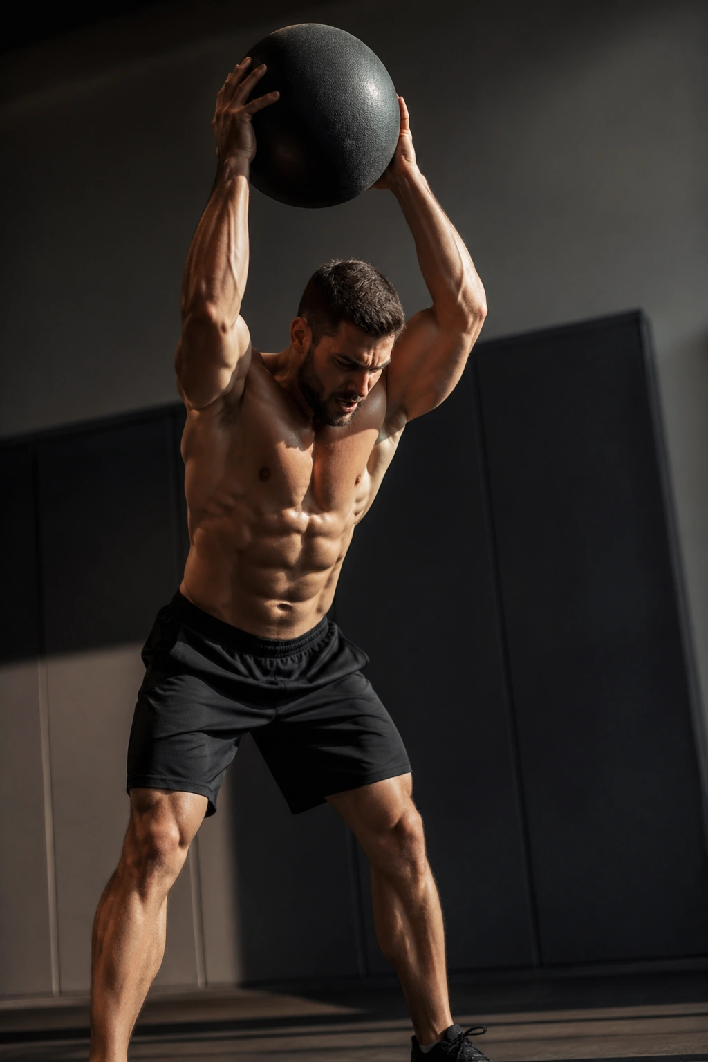 Close-up of a fit athlete preparing a medicine ball slam in a gym