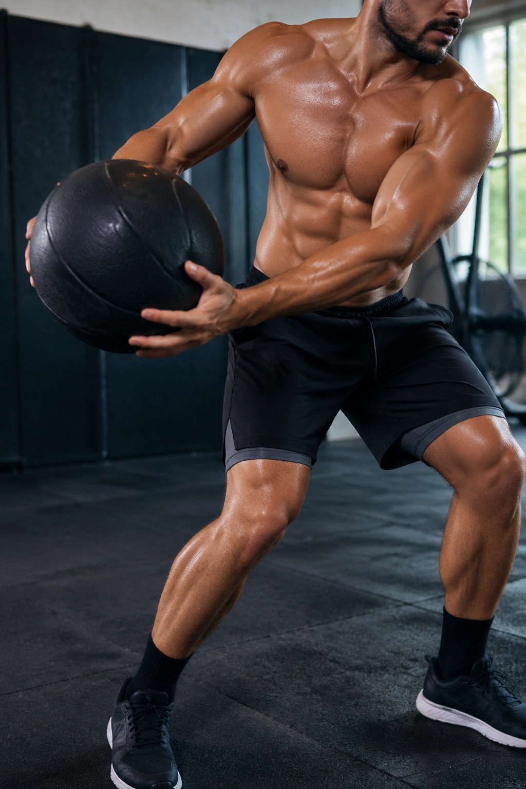 Close-up of athlete performing medicine ball rotational slam with torso rotation
