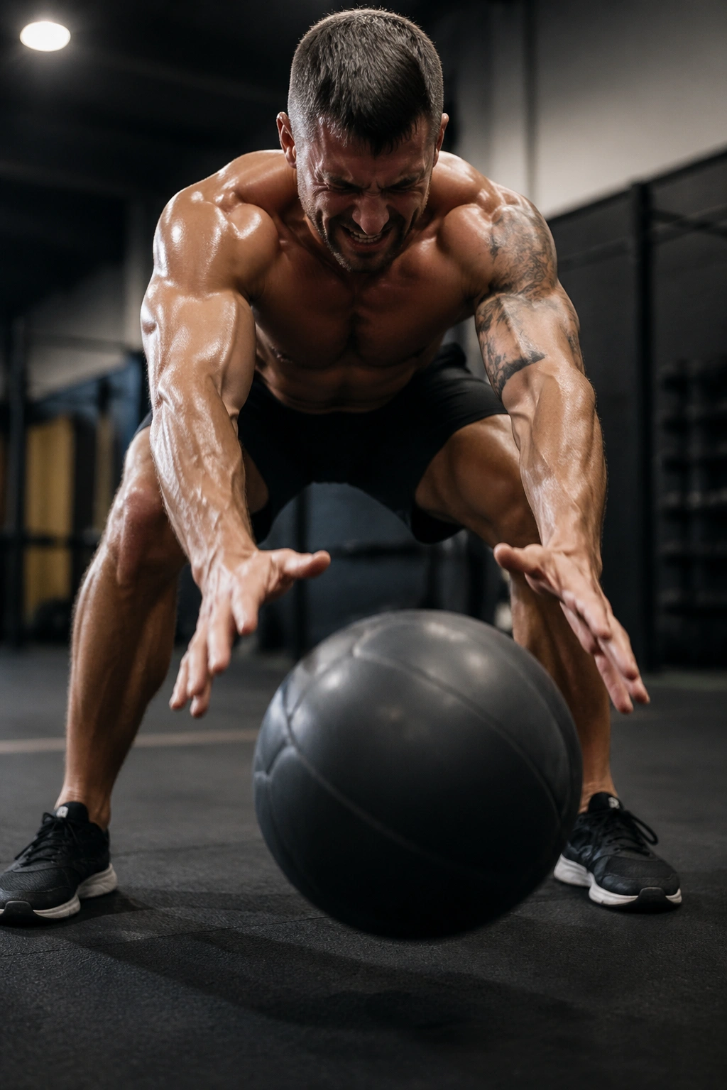 Close-up of athlete performing medicine ball slam in a gym during Tabata