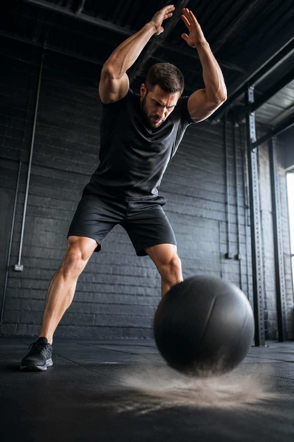 Athlete performing a medicine ball slam in gym with explosive power