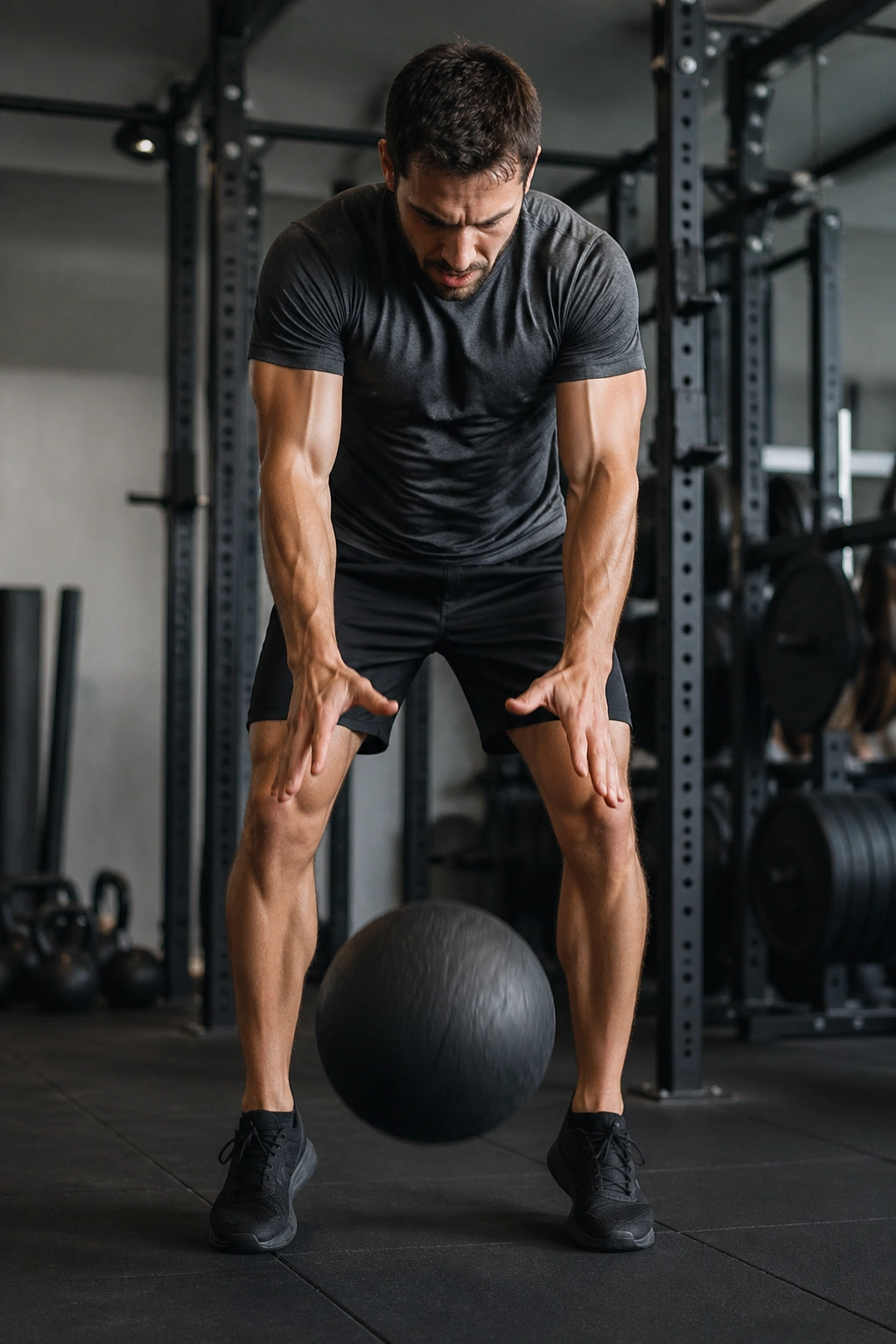 Person performing medicine ball slam in a gym with overhead throw