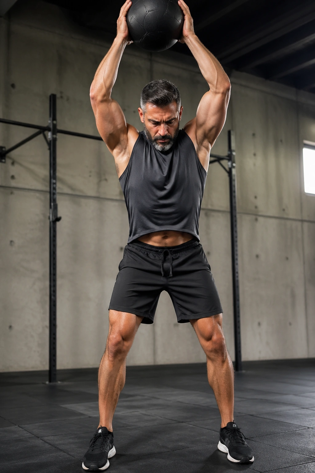 Close-up of a person overhead preparing to slam a medicine ball