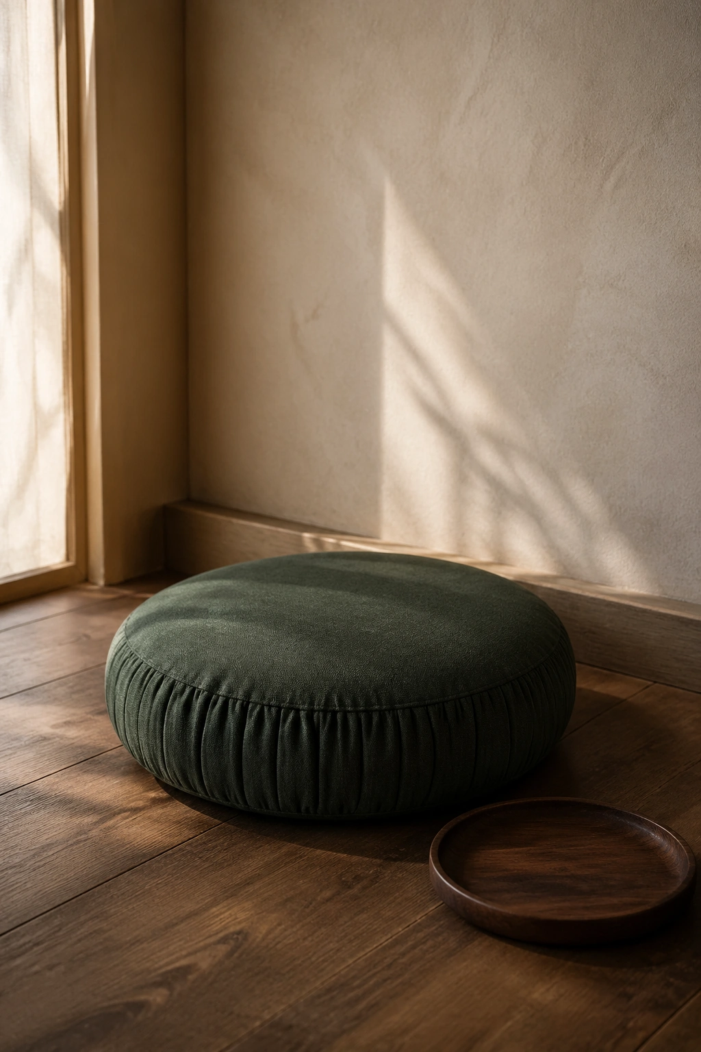 Close-up of a floor meditation cushion in a calm yoga corner with an empty tray