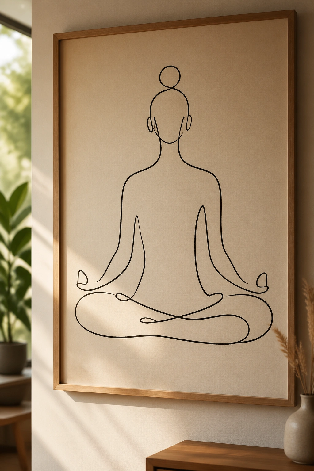 Close-up of a bold single-line meditation figure poster mounted on warm paper in a calm yoga studio entryway