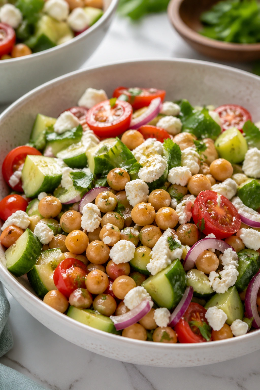 Close-up of Mediterranean chickpea bowl with veggies and feta