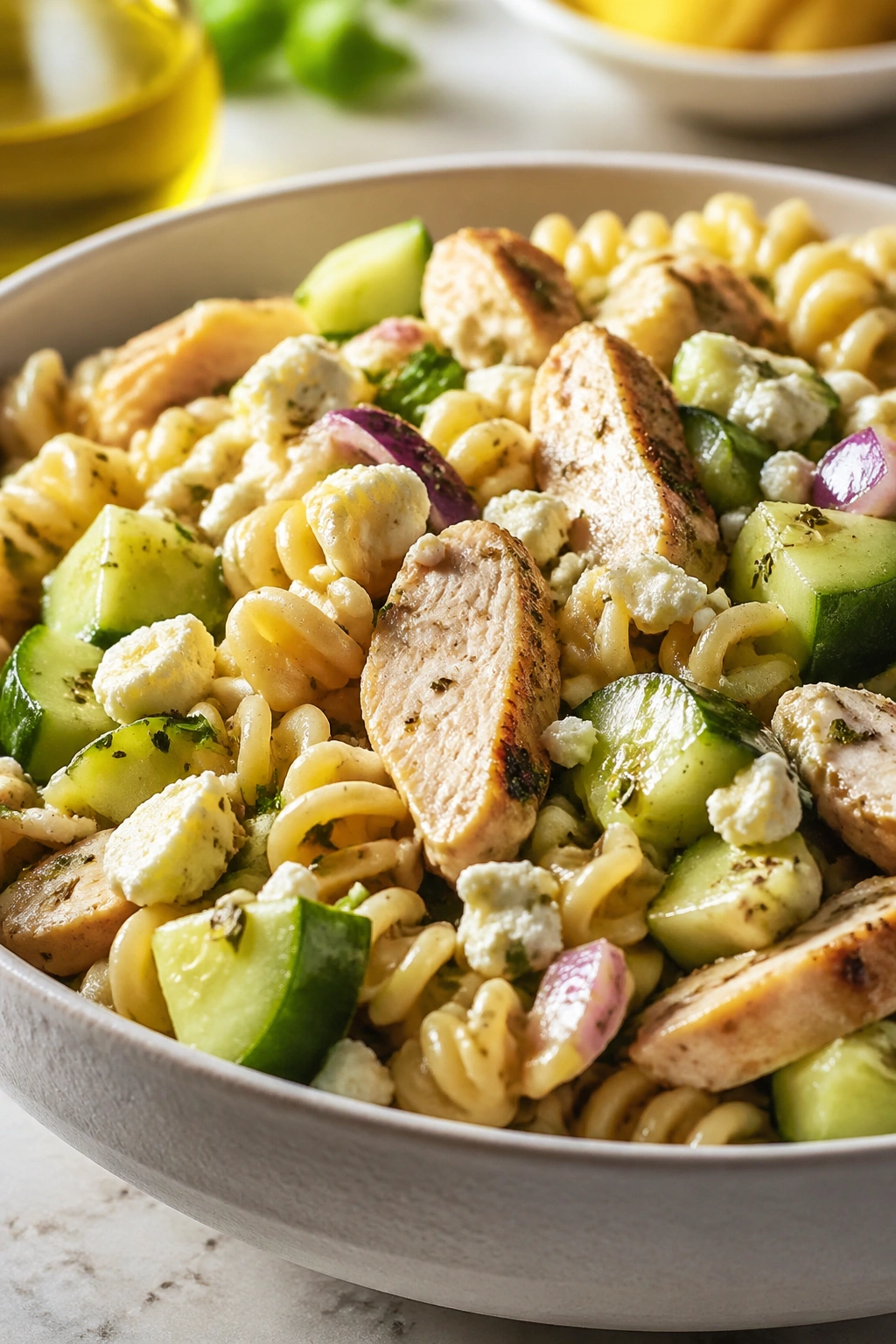 Close-up of Mediterranean pasta salad with chicken, cucumber, and feta