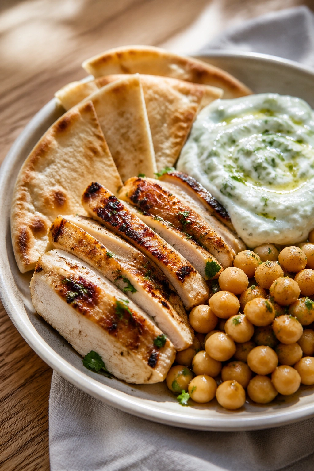 Pita plate with chicken, tzatziki, and chickpeas on a wooden table