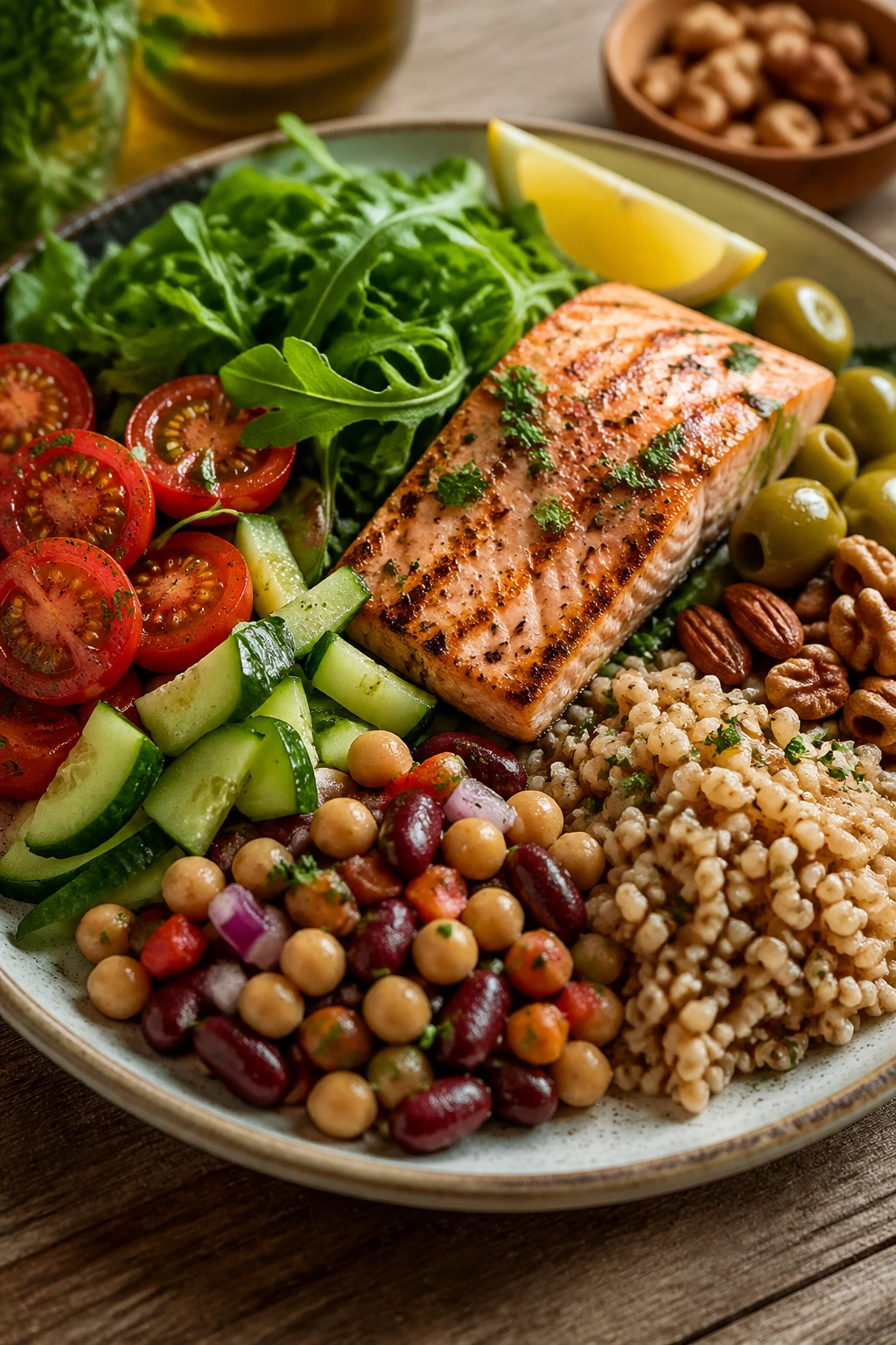 Plate of Mediterranean whole foods with vegetables and fish on a wooden table