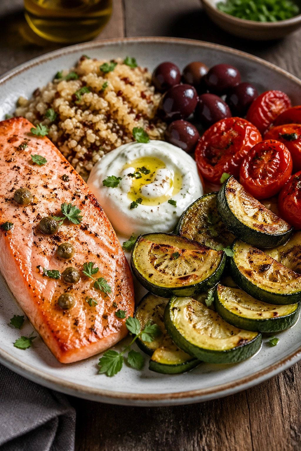 Close-up of a vibrant Mediterranean plate with salmon, vegetables, olives, quinoa and yogurt on a rustic wooden table