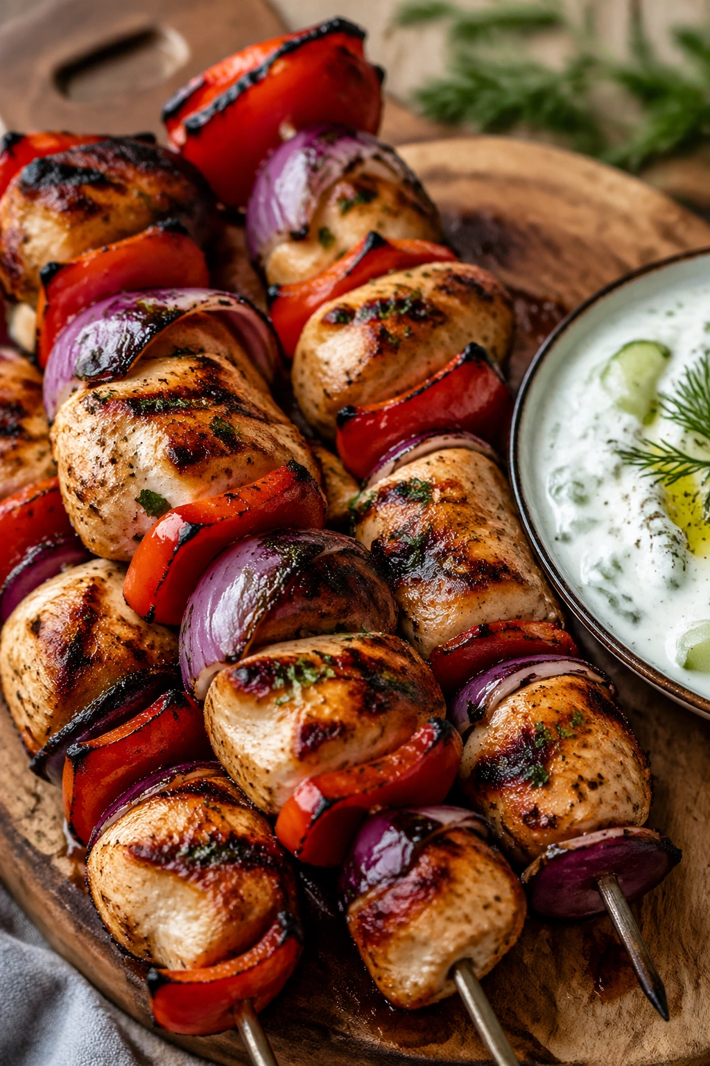 Close-up of Mediterranean chicken skewers with tzatziki on a rustic wooden board