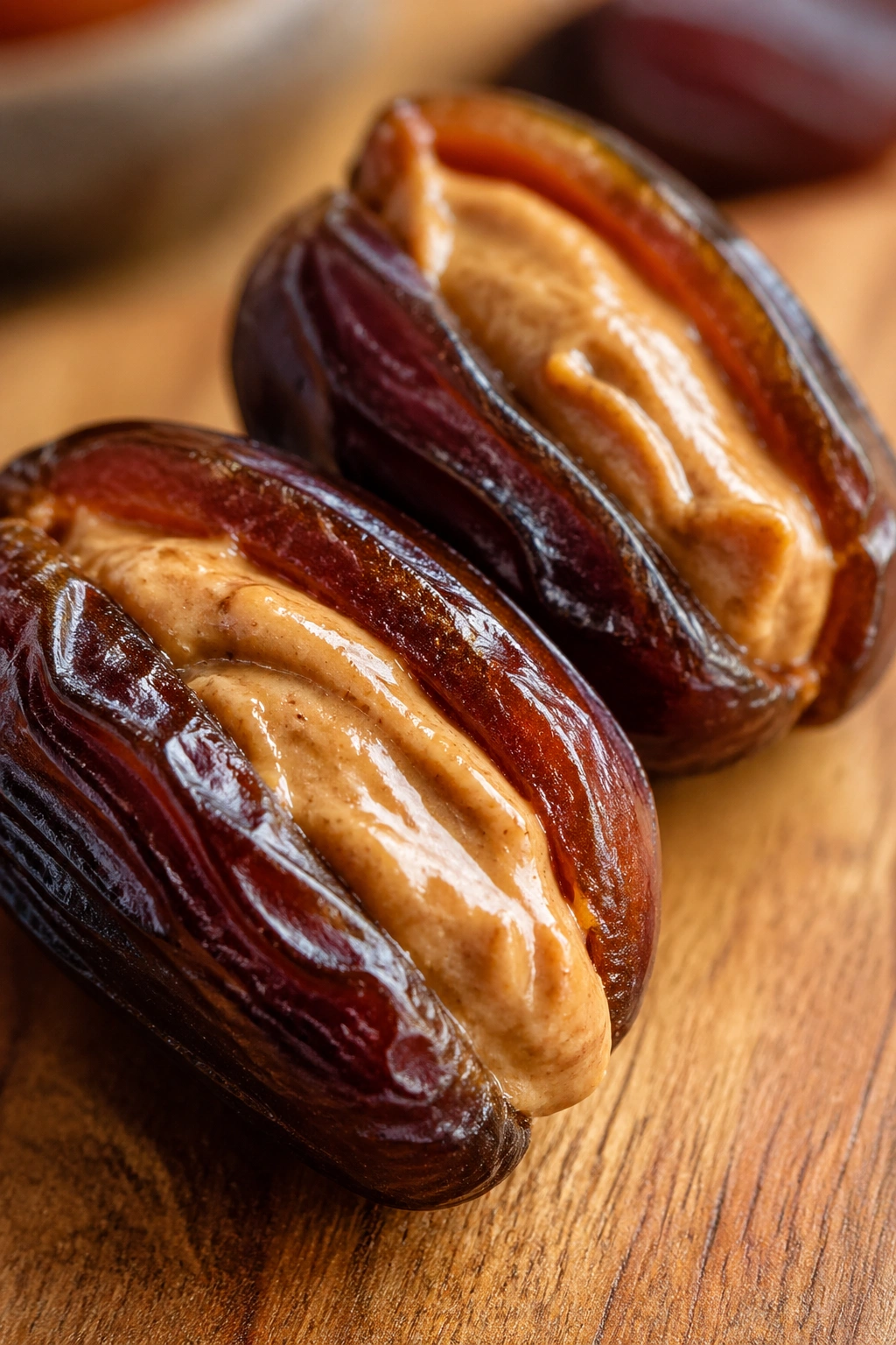 Close-up of Medjool dates stuffed with almond butter