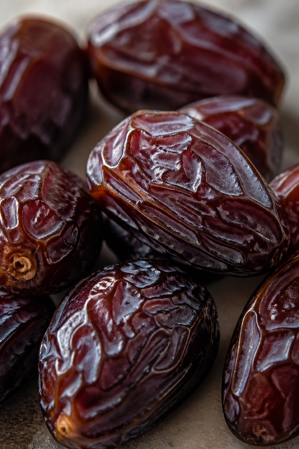 Close-up of Medjool dates on a neutral surface