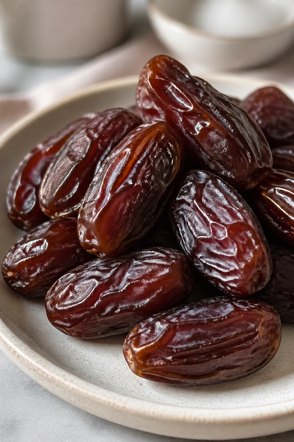 Close-up of Medjool dates on a plate with warm kitchen background