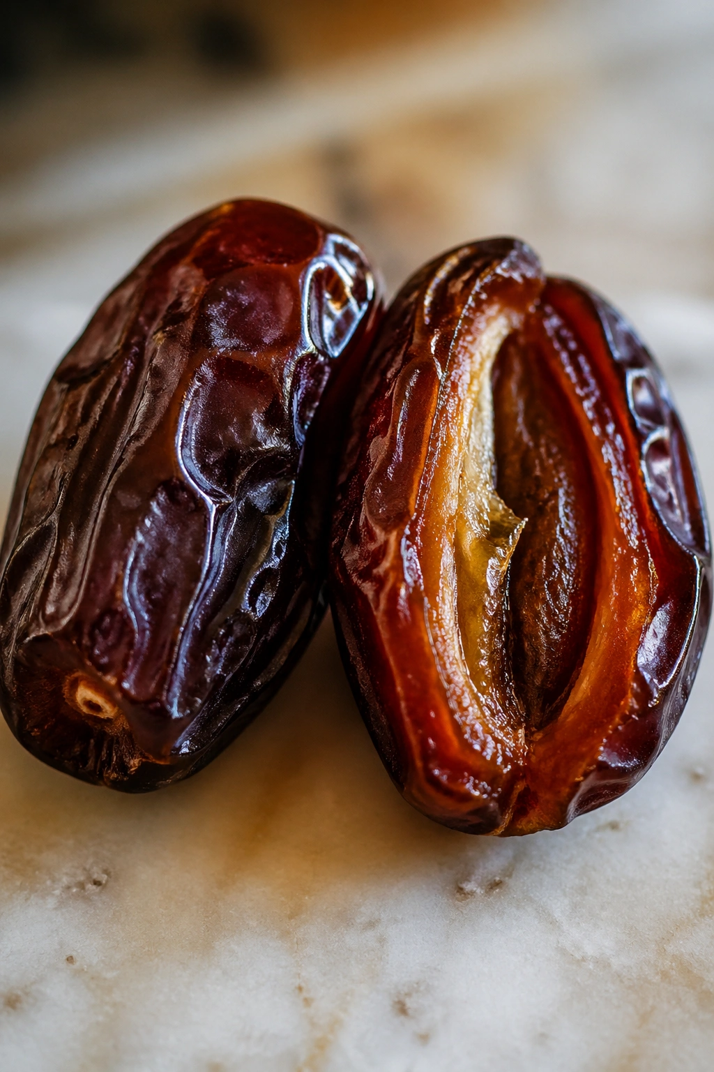 Two Medjool dates on a surface with warm kitchen lighting