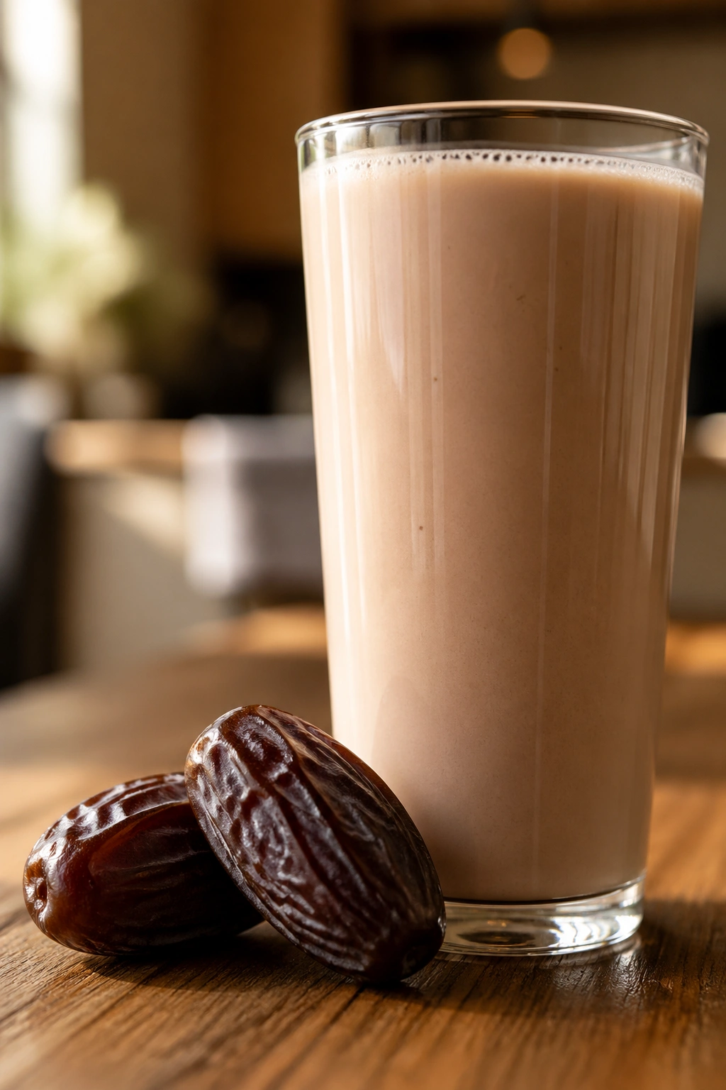 Two Medjool dates next to a whey protein shake on a wooden table