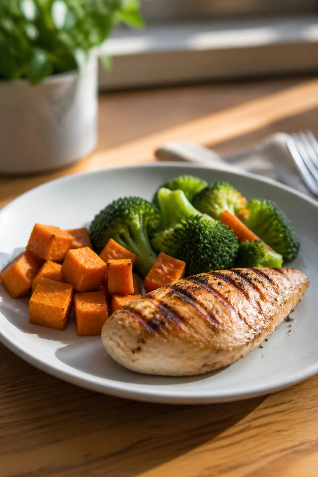 Plate with smaller portions showing lean protein, vegetables, and starch for menopause-friendly calories