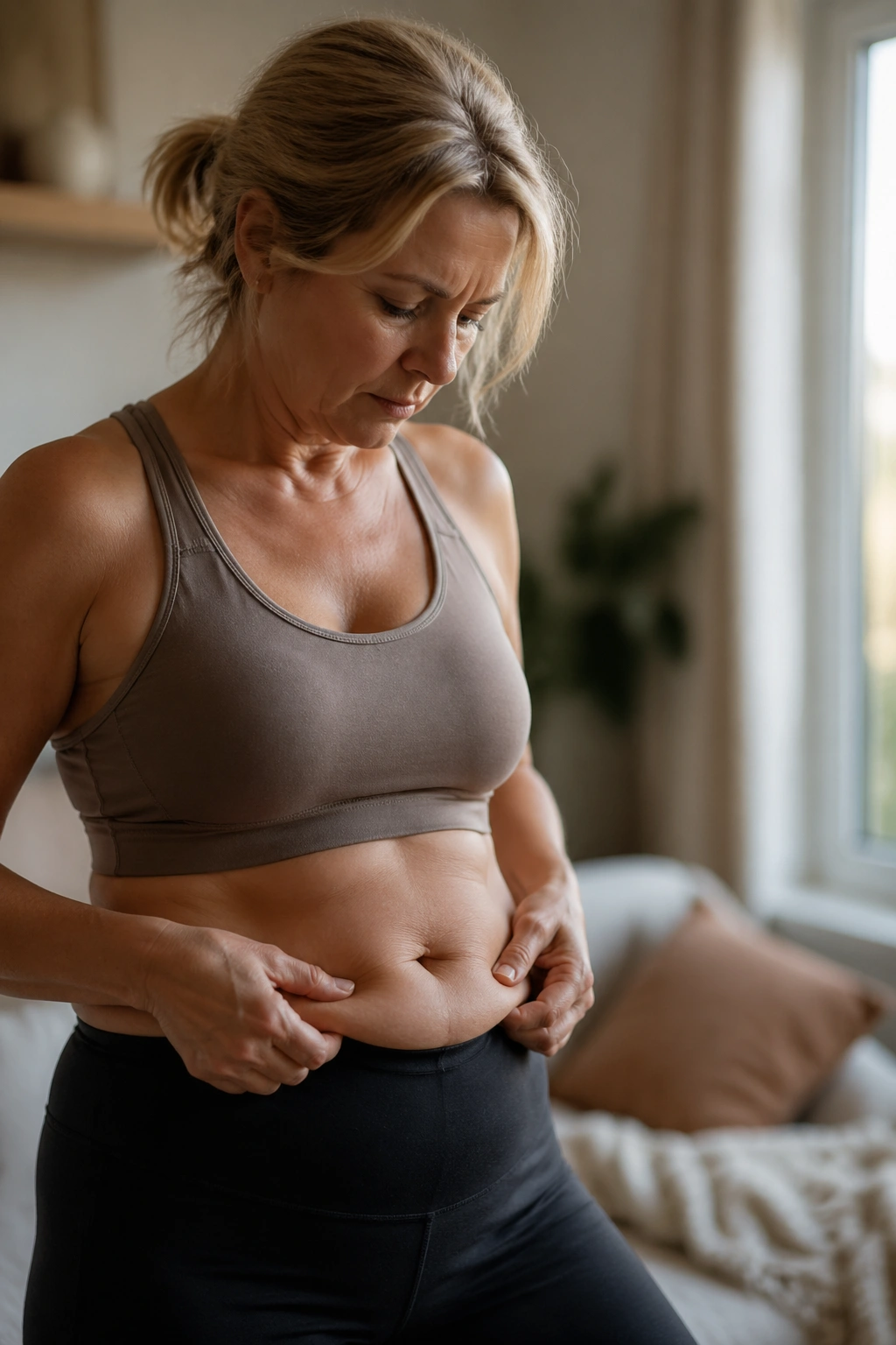 Middle-aged woman examining her waist at home, highlighting menopause-related waistline changes.