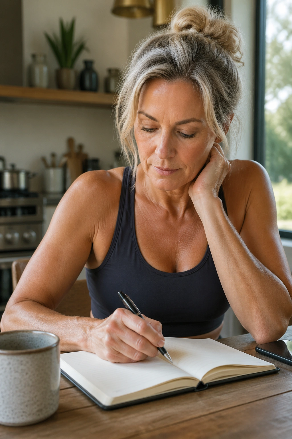 Woman planning menopause shifts at home with notebook