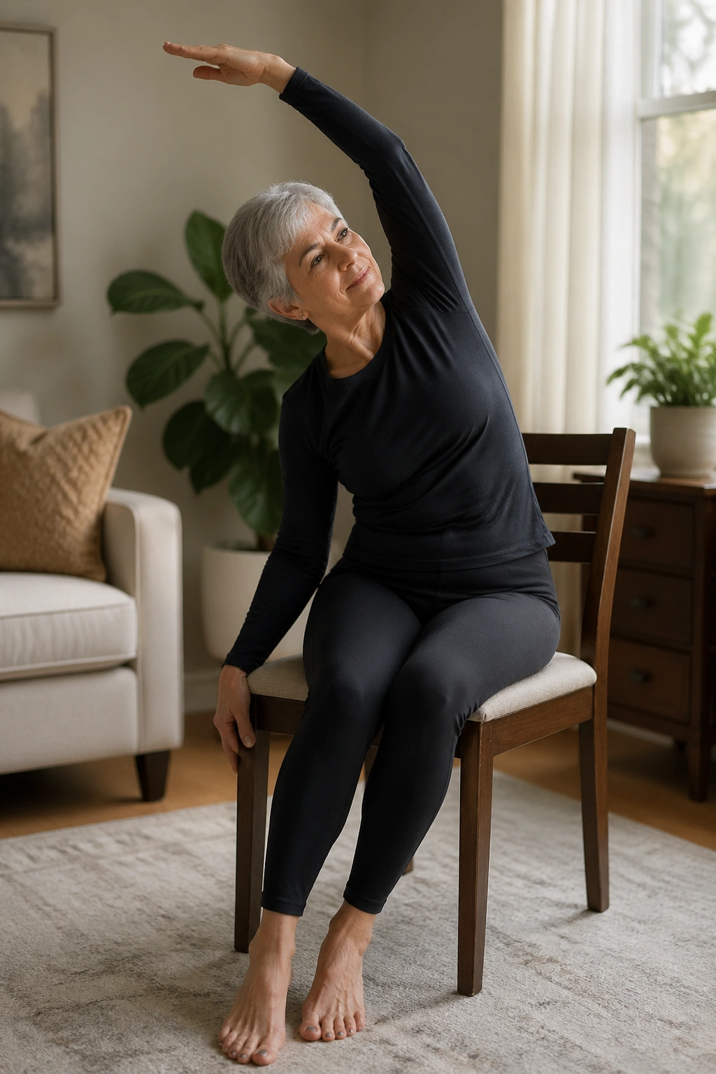 Seated mermaid side bend on chair with overhead arm reach