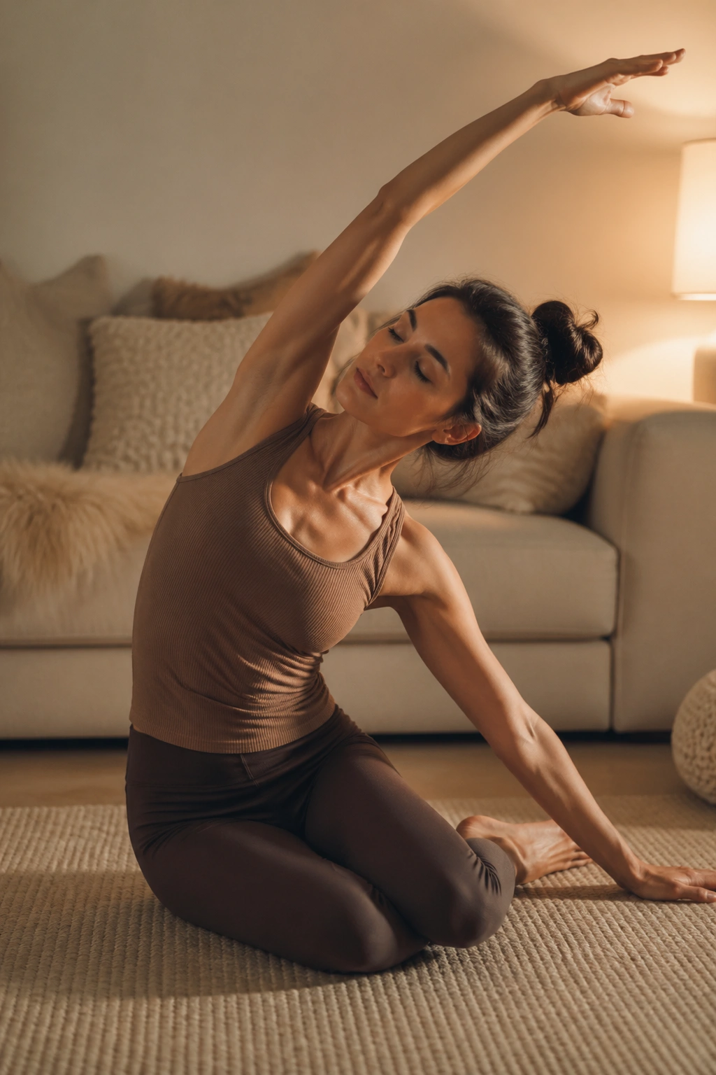 Close-up of a person performing Mermaid Side Bend Flow on a mat in a cozy room