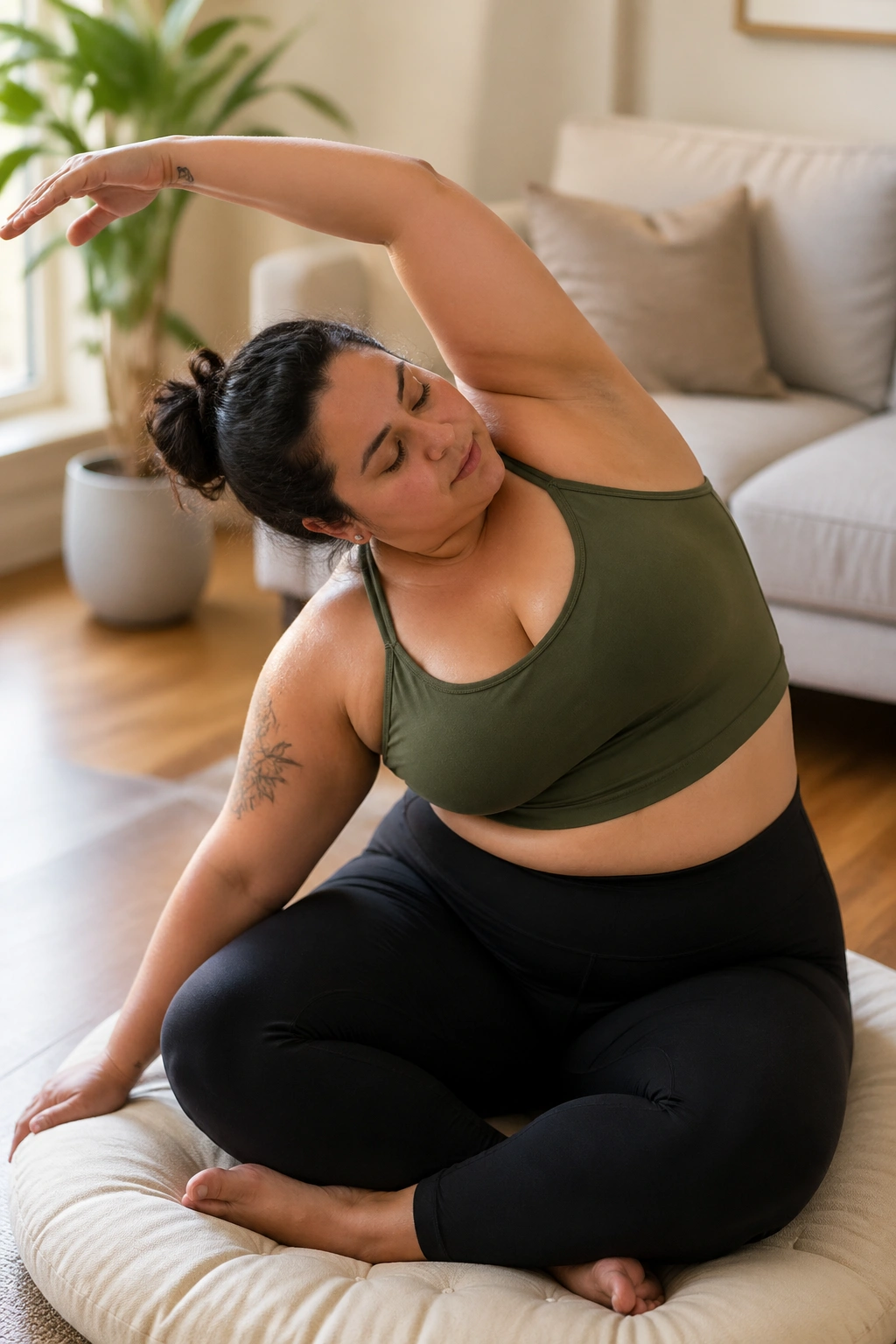 Portrait of a real person in mermaid side-bend pose seated on a cushion in a cozy living room.