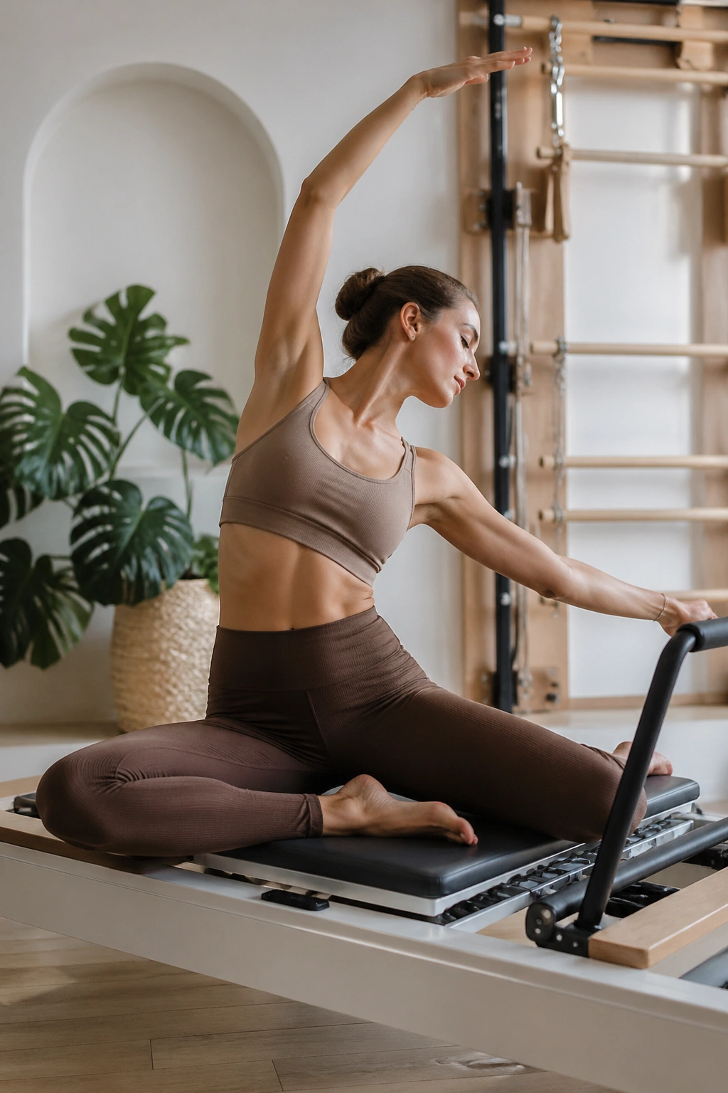 Mermaid Side Stretch on reformer: person seated sideways with arm overhead