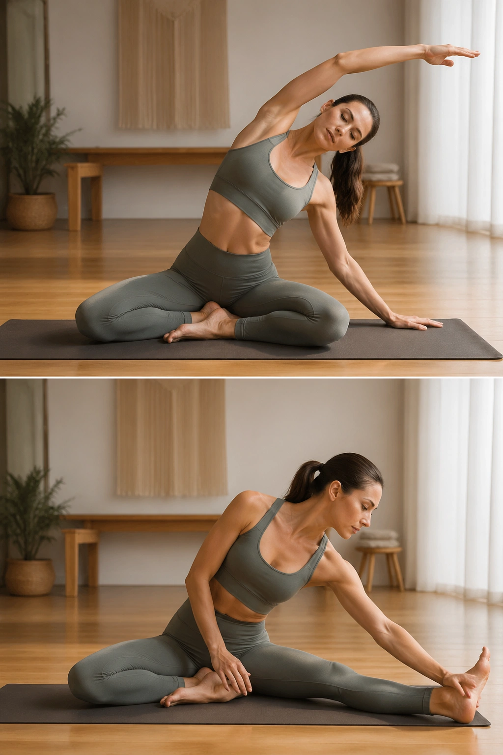 Real person in mermaid pose performing side bend and saw twist on a mat