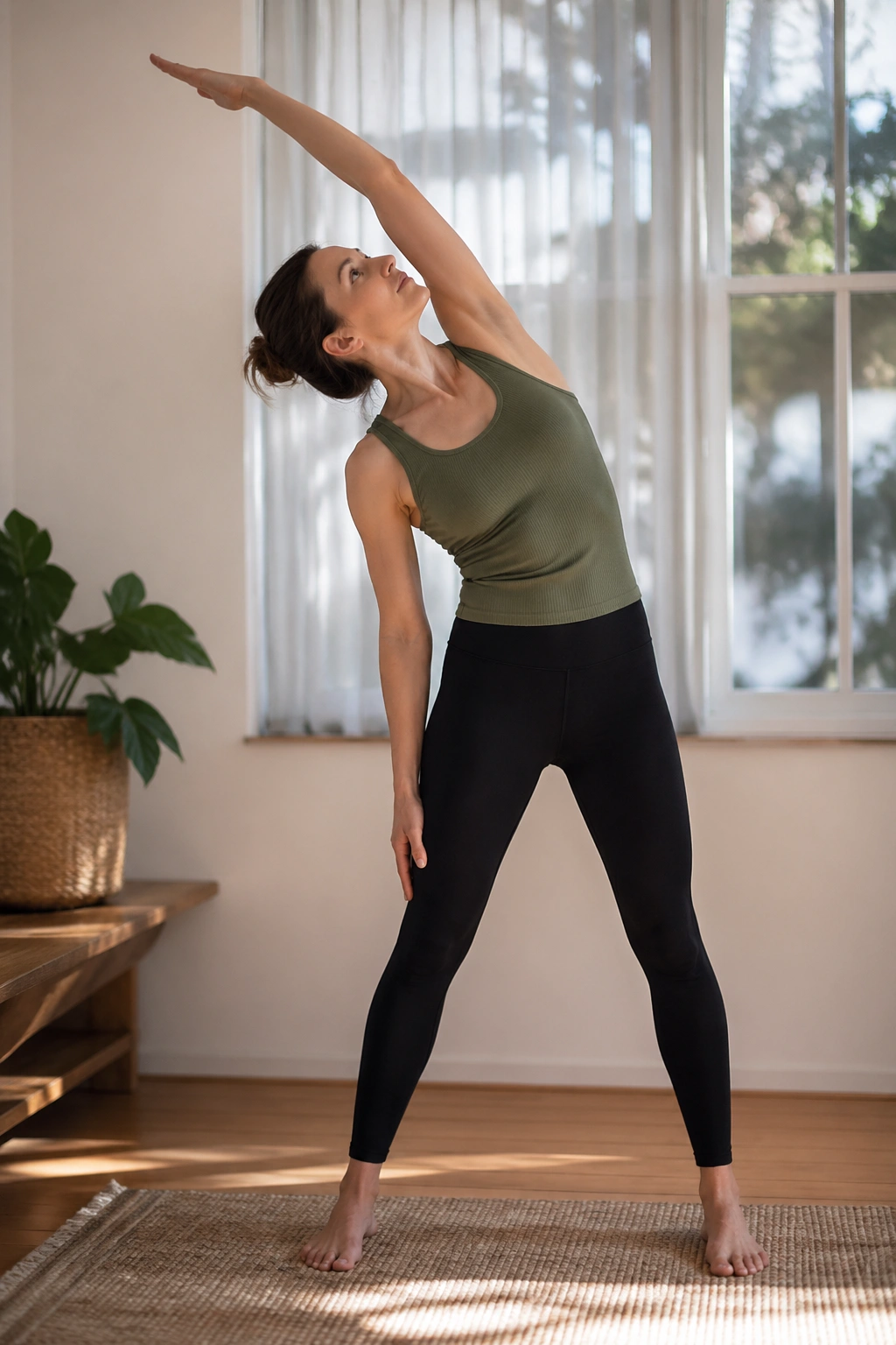Side view of person performing standing mermaid stretch with arm overhead