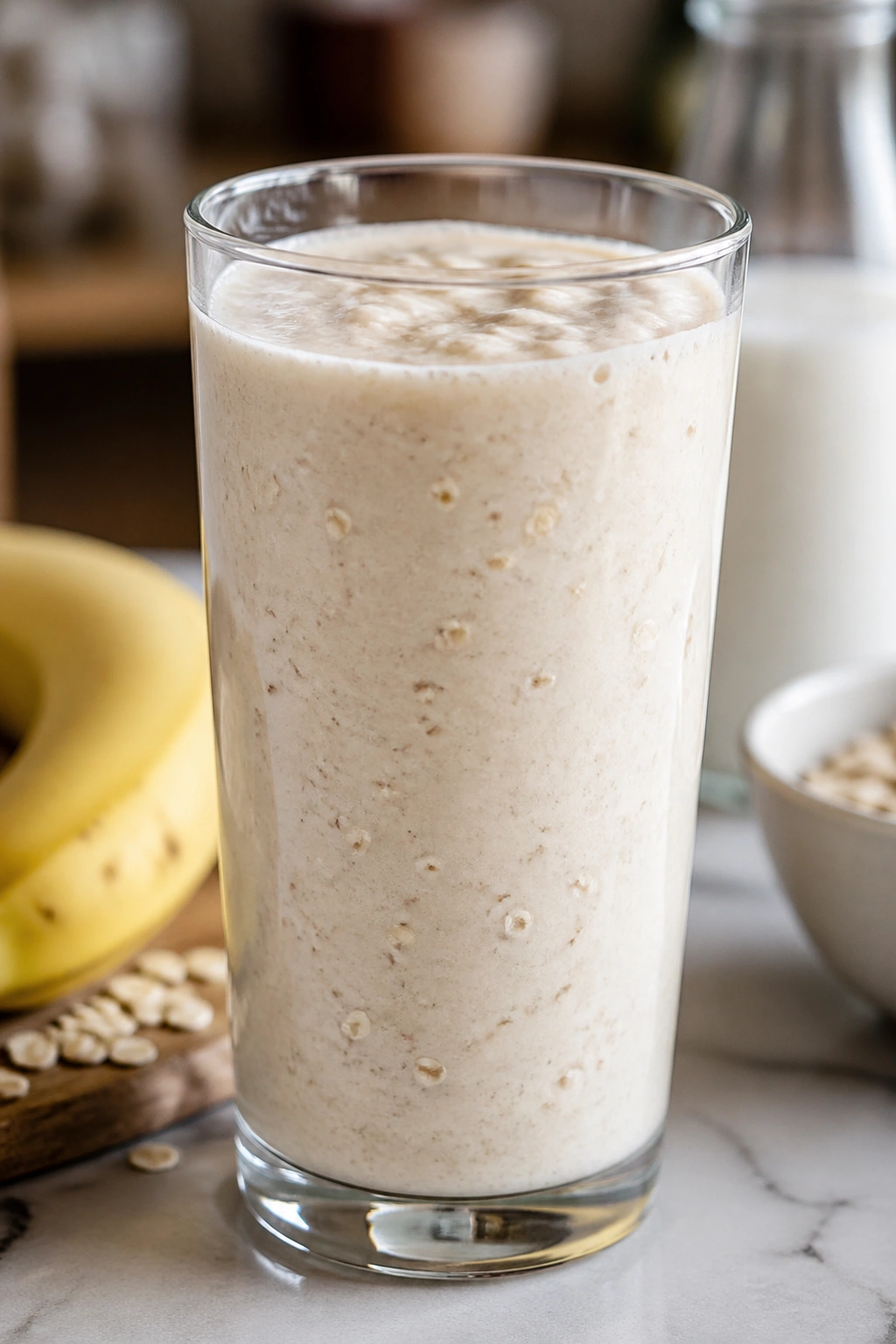 Tall smoothie glass with banana and oats