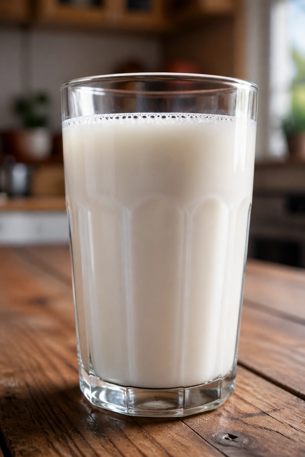 Tall glass of milk on a wooden table