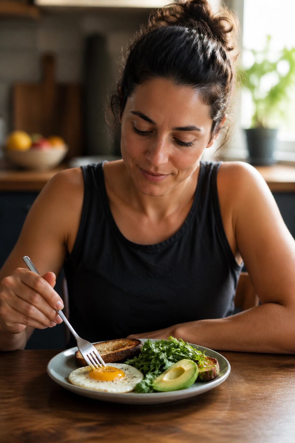 Person eating breakfast mindfully at a kitchen table.
