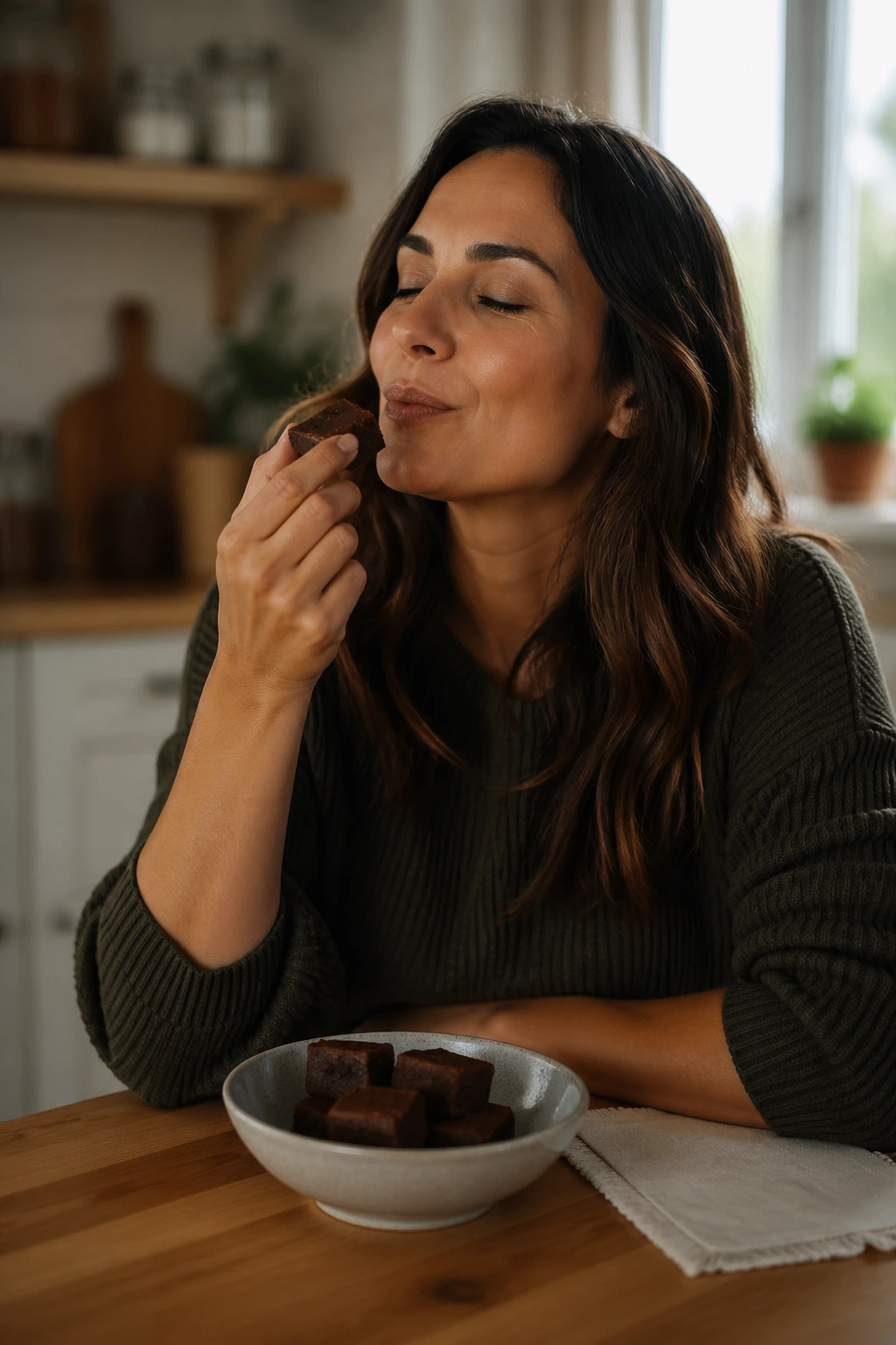 Close-up of a real woman savoring a dessert at the table in a cozy kitchen
