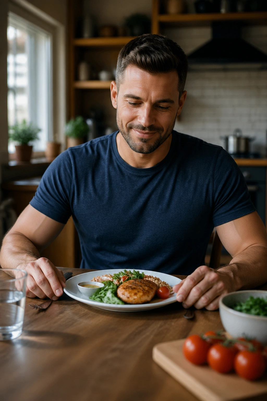 Real person sitting to eat a meal slowly, reinforcing mindful eating