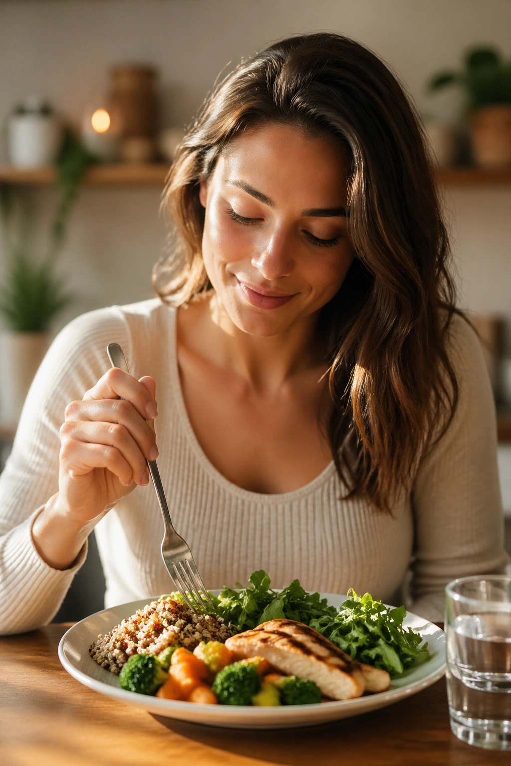 Close-up of a person pausing with a fork over a balanced plate at a dining table.