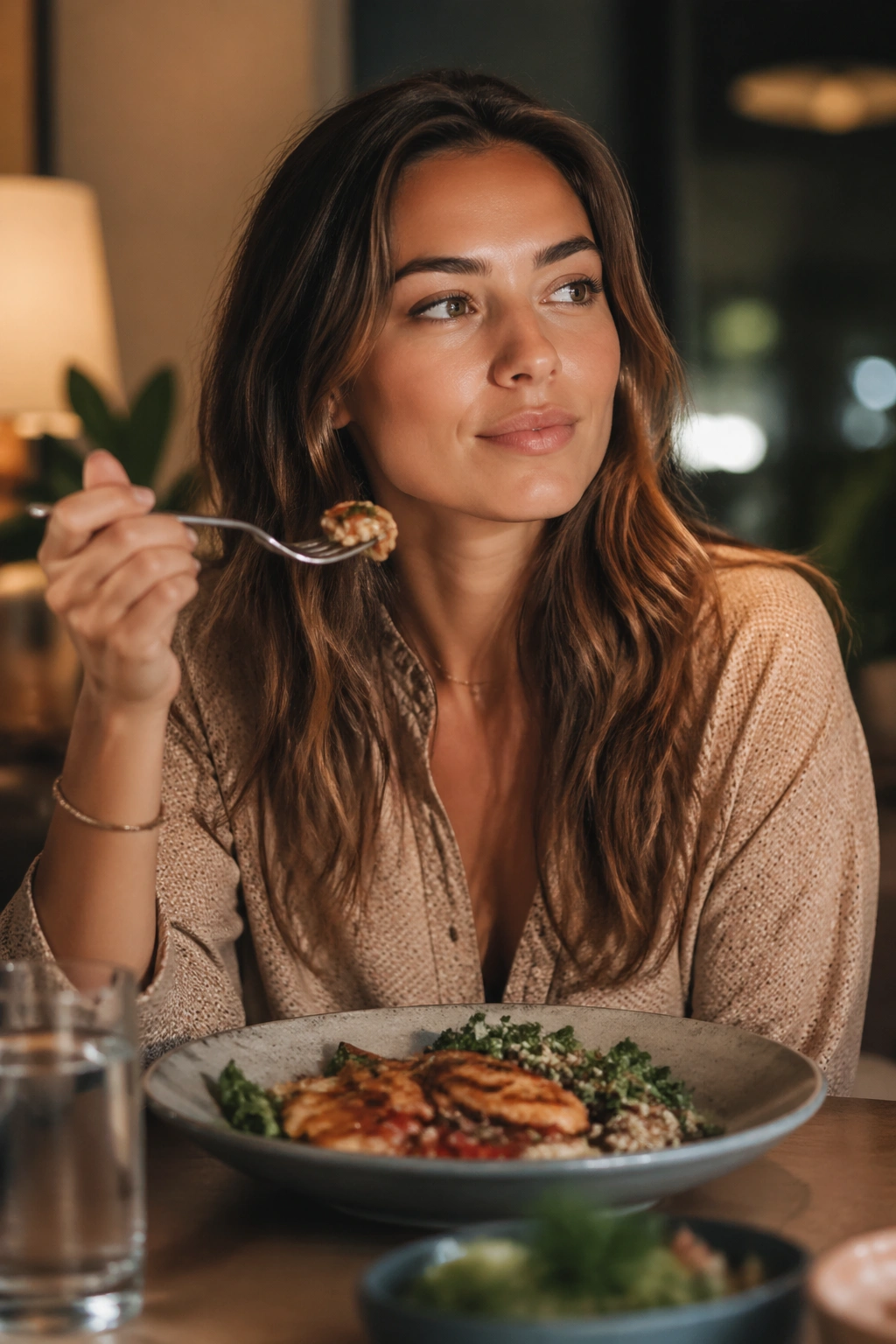 Real person pausing with a fork to feel fullness at dinner