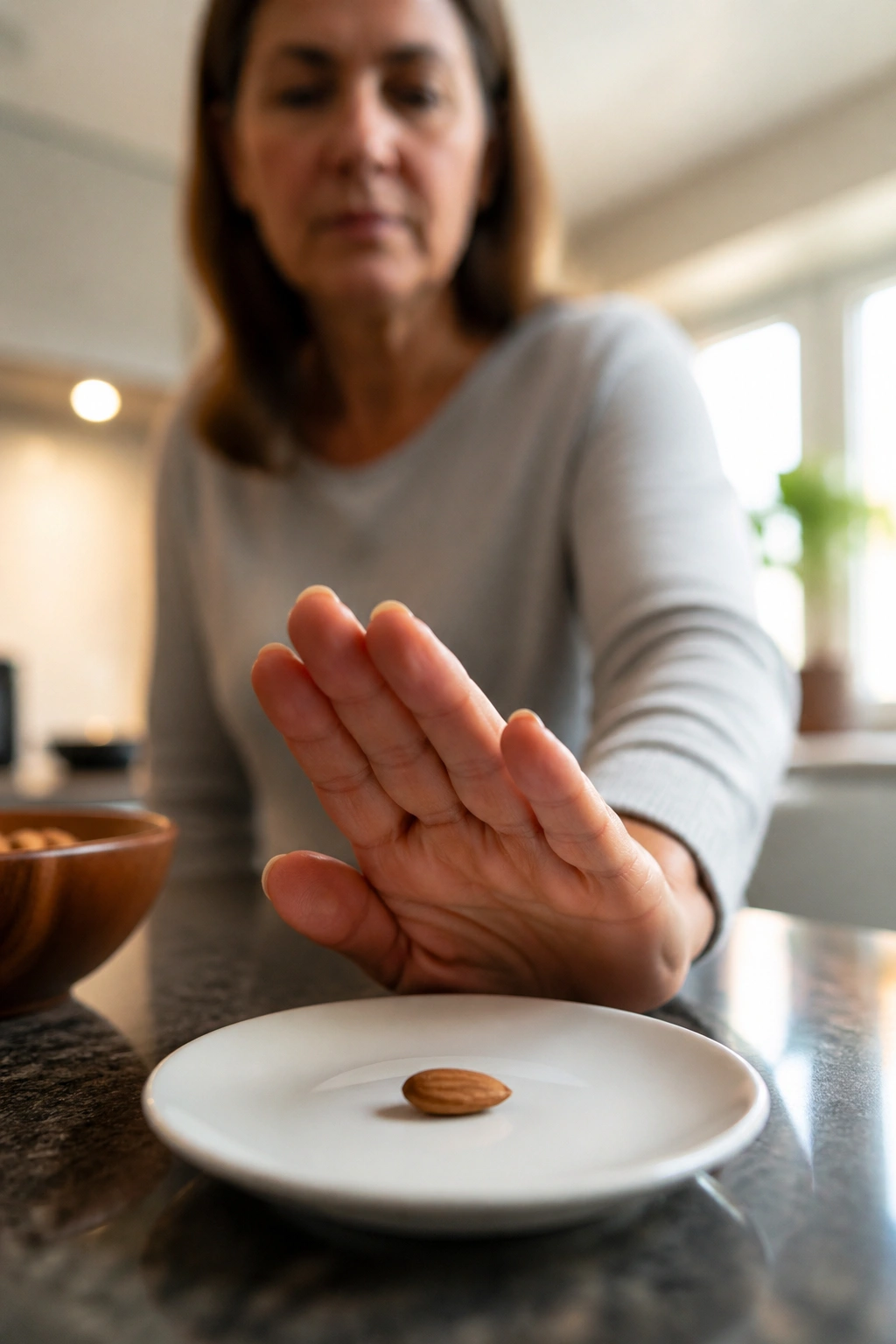 Close-up of a hand pausing over a plate with a single almond