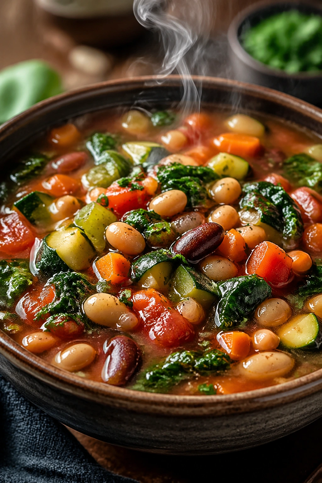 Close-up of vegetable minestrone with beans in a bowl