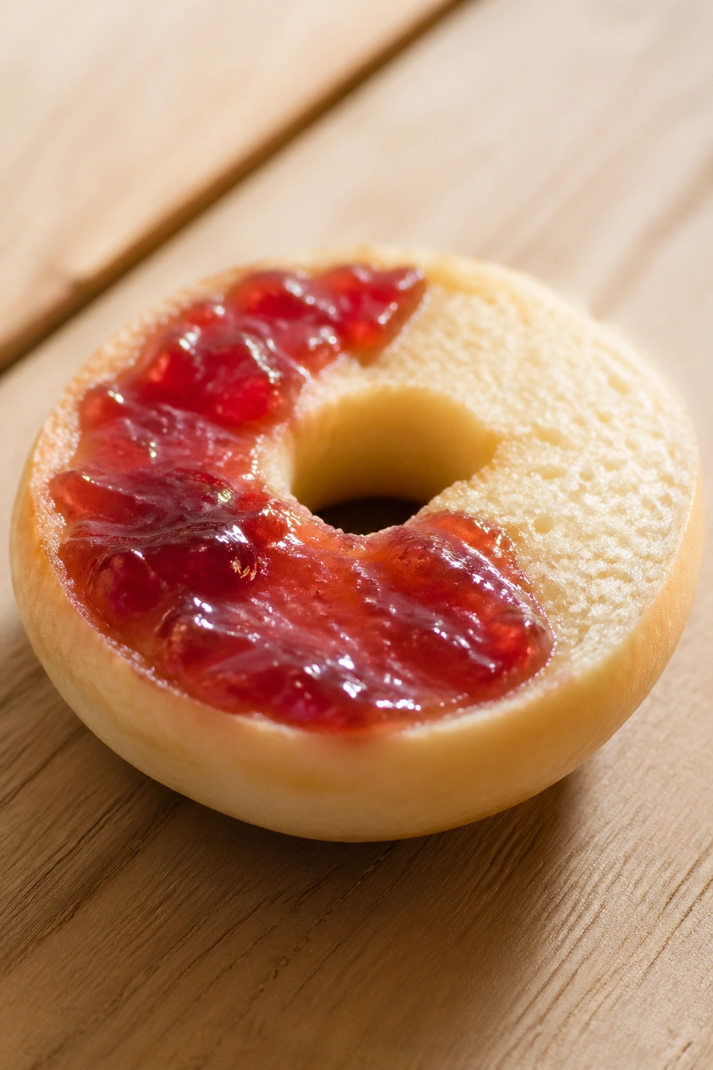 Close-up of a mini bagel half with jam on a wooden surface