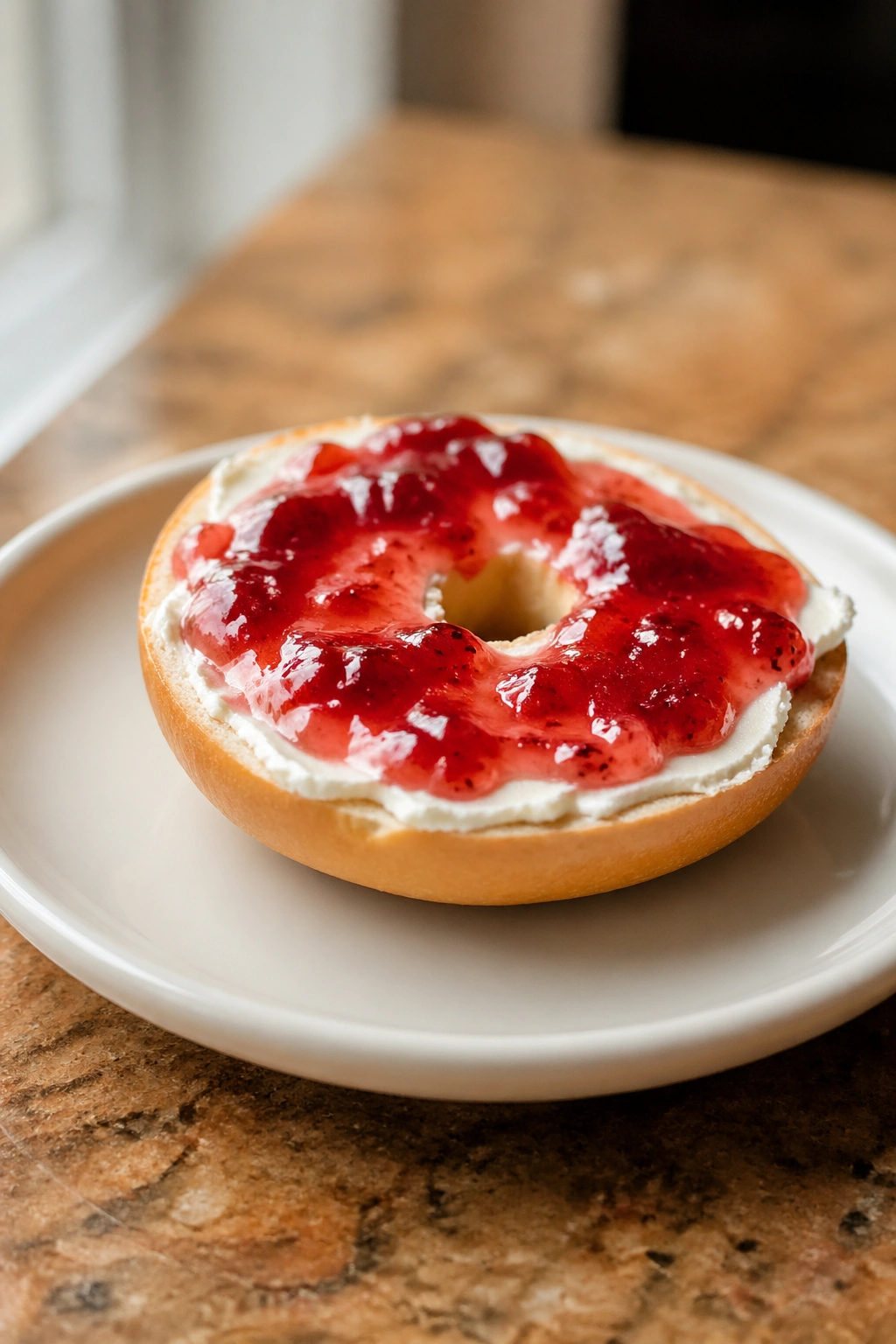 Close-up of a mini bagel with cream cheese and jam on a plate in a warm kitchen