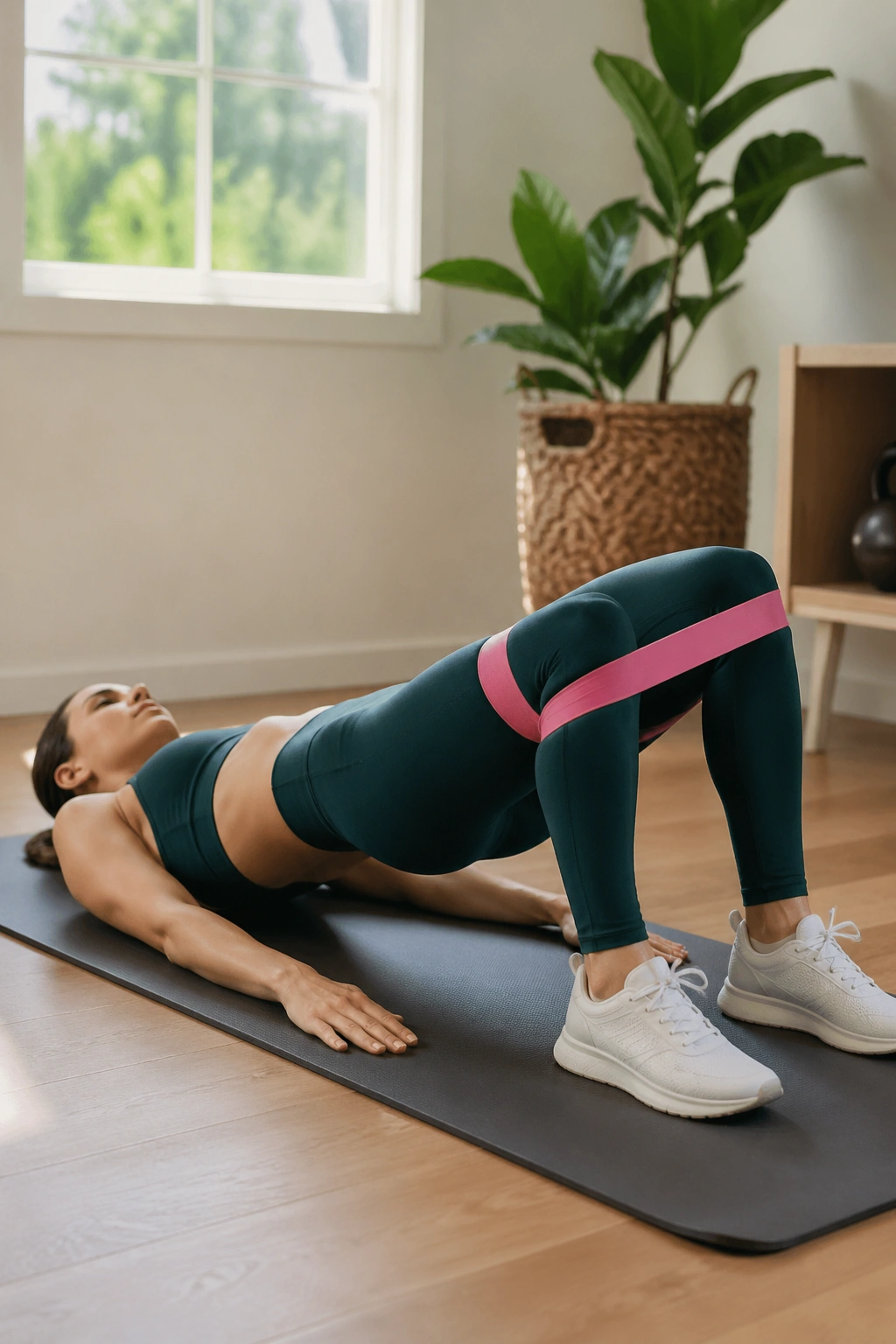 Close-up of hips and thighs performing a mini-band exercise with resistance band.