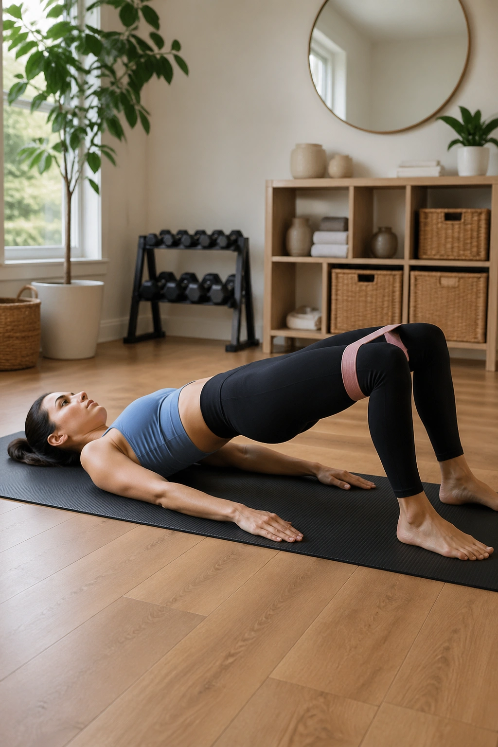 Bridge with mini-band around thighs for glutes