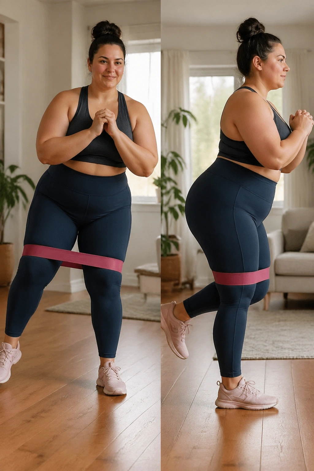 Mid-shot of a person performing mini-band side steps and standing glute presses with a resistance band around the thighs.