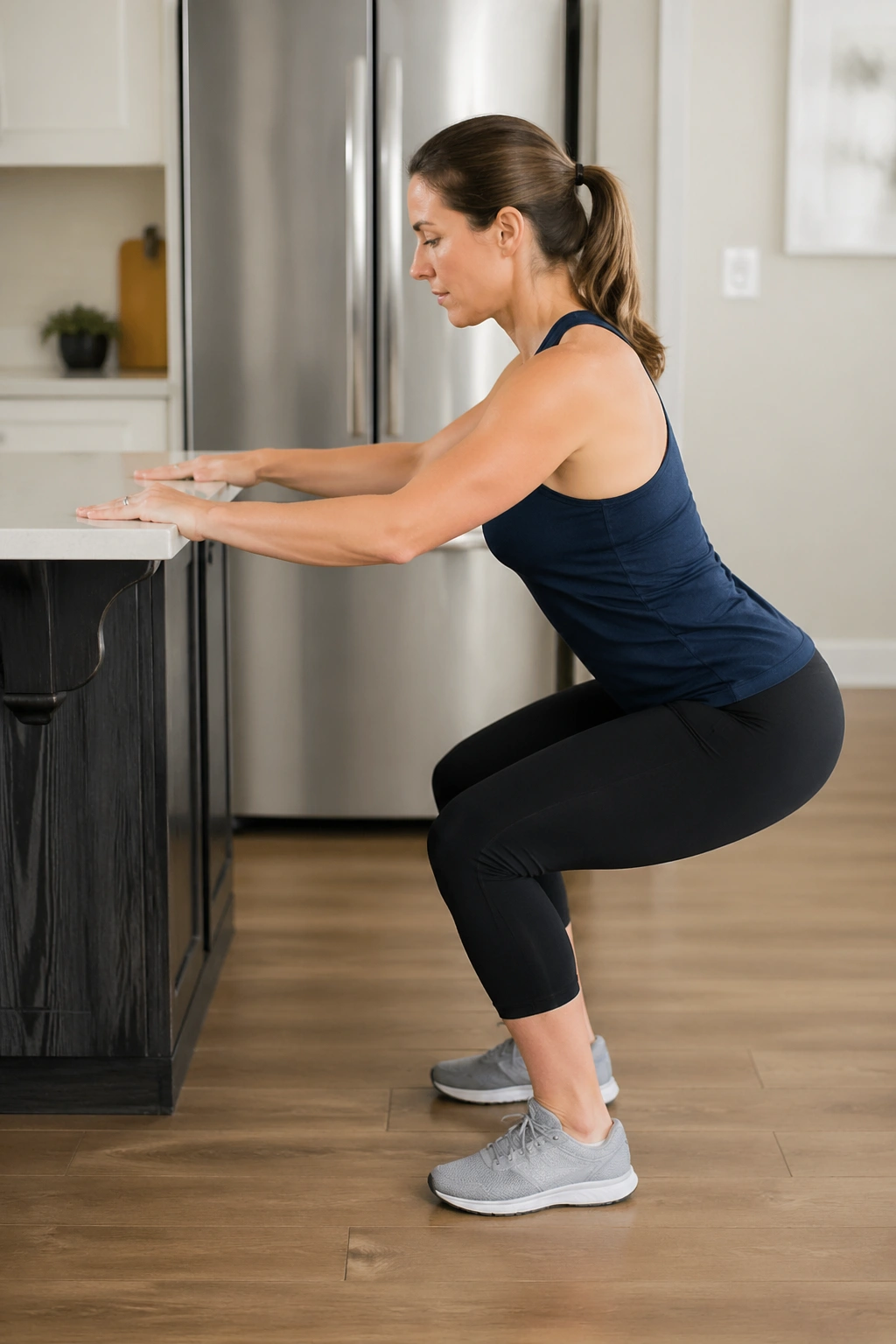 Mini squat with counter support warm-up