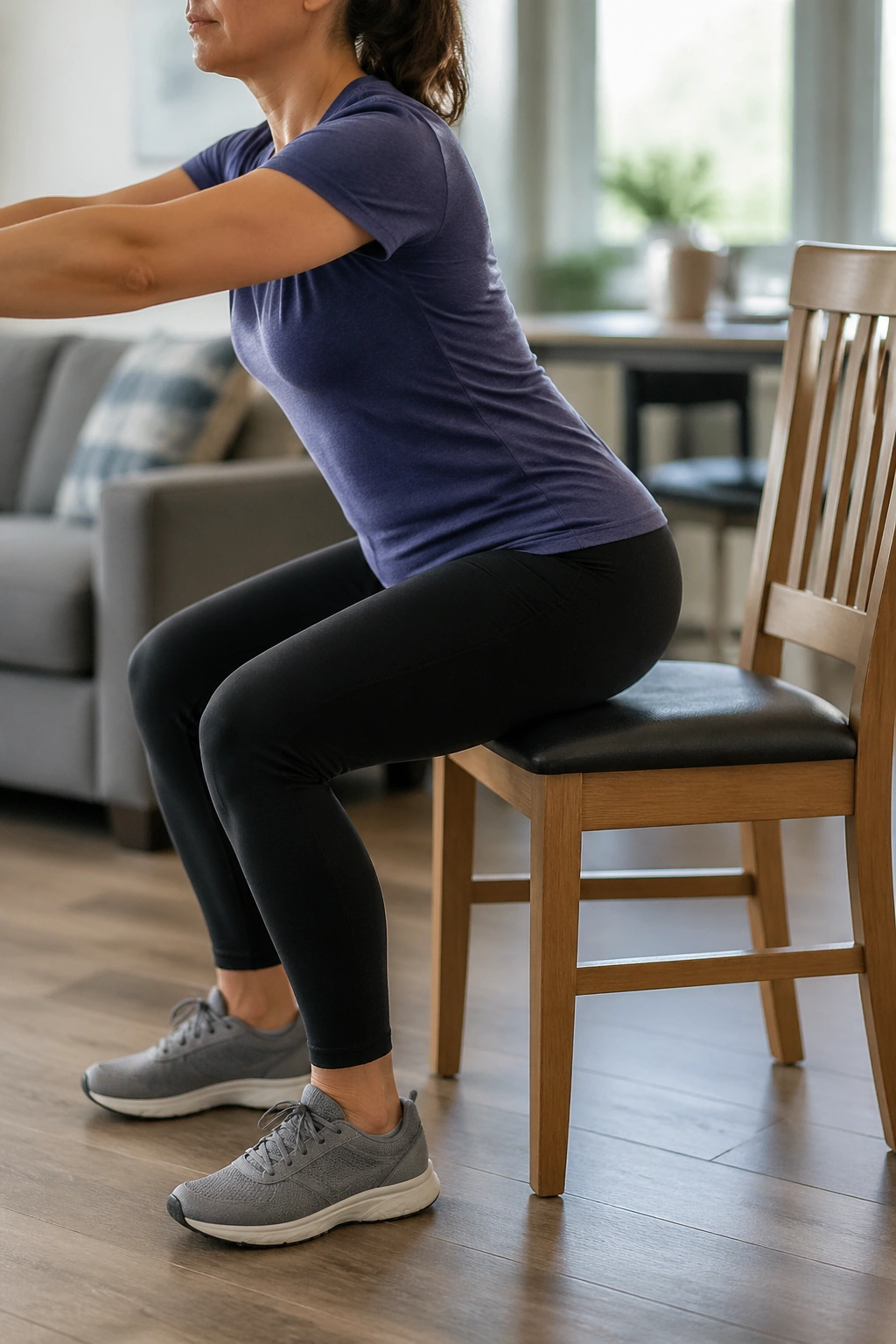 Person doing mini squats toward a box in a home setting