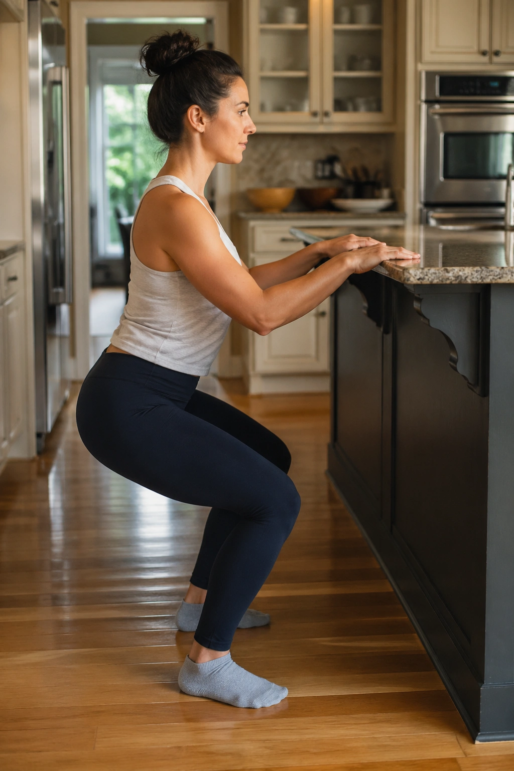 Real person doing shallow squats while holding a kitchen counter for balance.