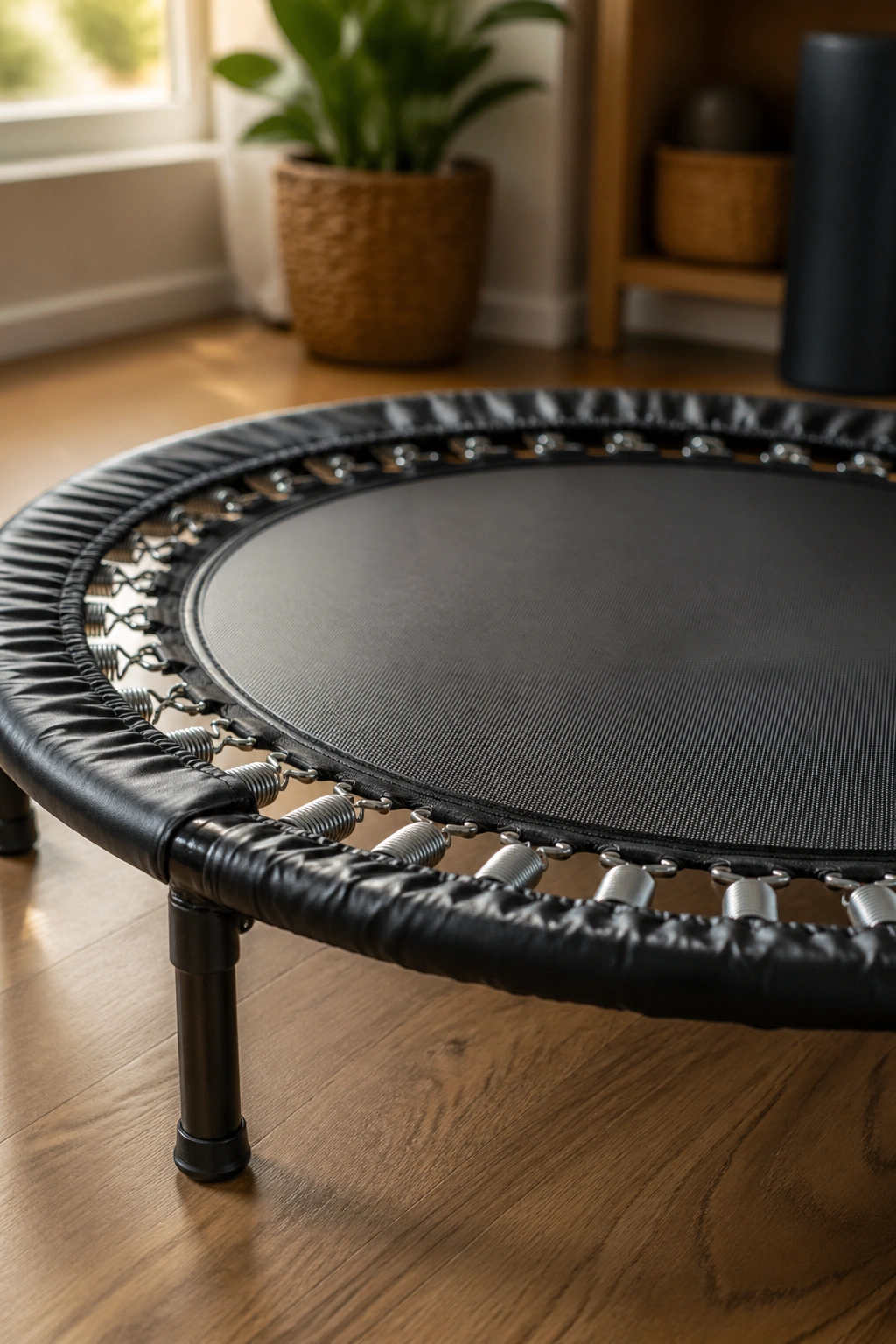 Close-up of a mini trampoline mat and springs on a living room floor