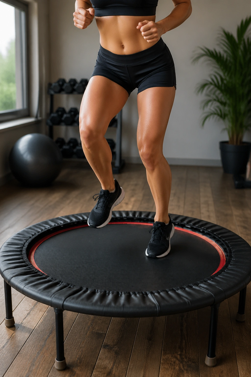 Person jumping on a mini-trampoline during cardio session at home
