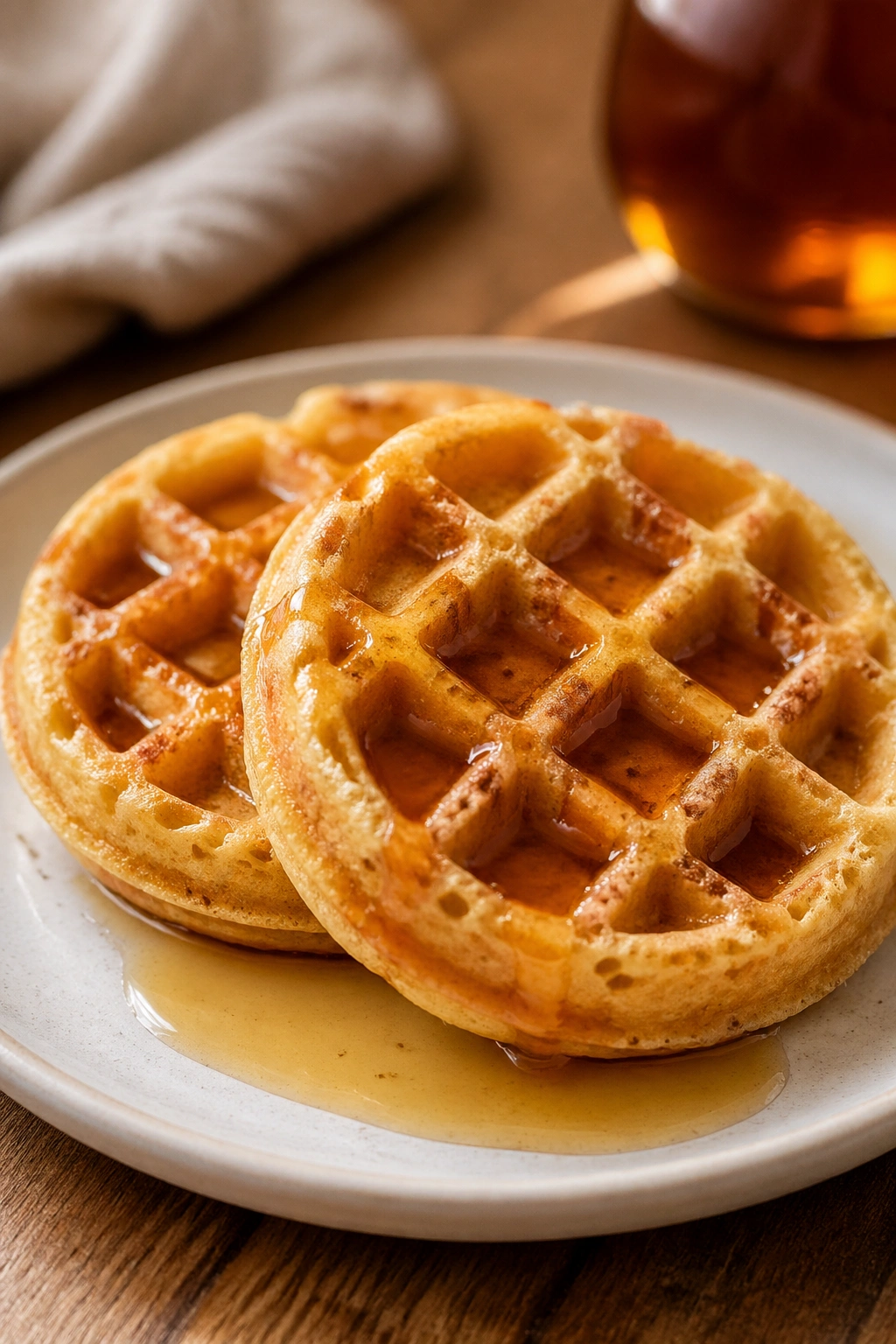 Close-up of two mini waffles with maple syrup on a plate in a warm kitchen.